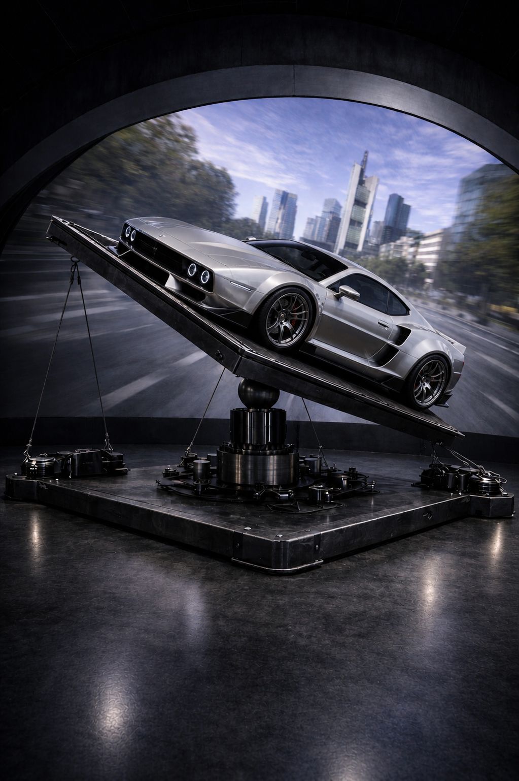 Supersportwagen auf der beweglichen DynamicSIM-Plattform mit Frankfurter Skyline