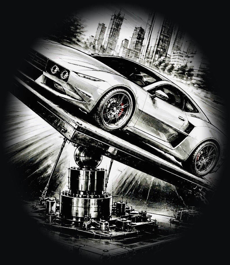 Illustration: Supersportwagen auf der beweglichen Simulator-Plattform vor der Skyline