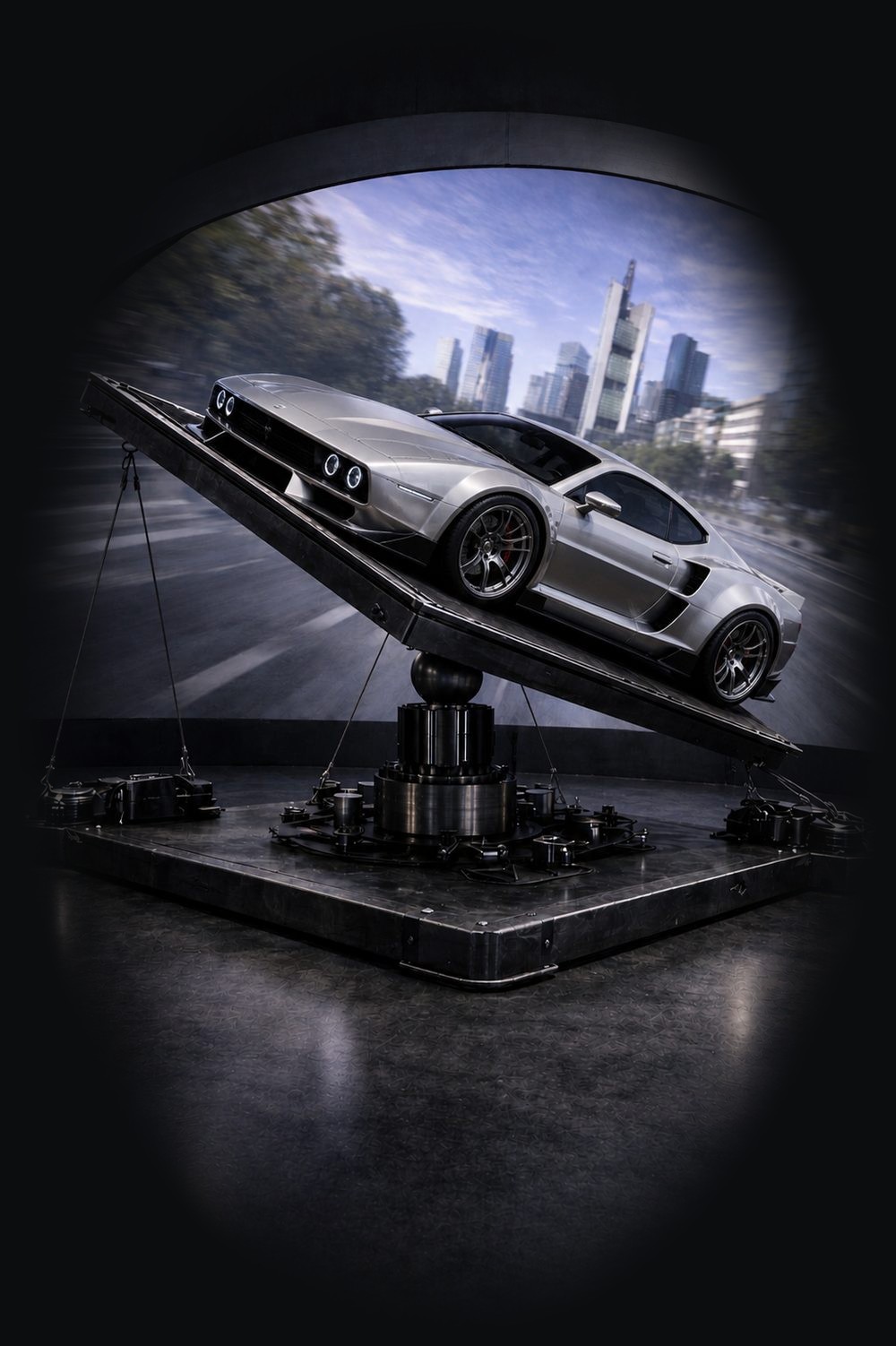 Supersportwagen auf der Plattform vor einer halbkugelförmigen Projektionsfläche mit Frankfurter Skyline